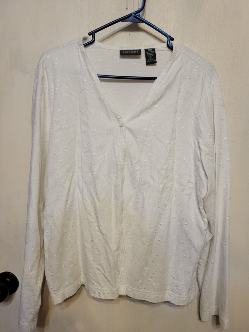 Van Heusen White Floral Eyelet Button Front Cardigan Sweater Women Size Large